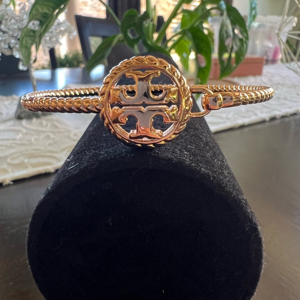 Tory Burch Rose Gold Doube T Logo Hinged Cuff Bangle Bracelet